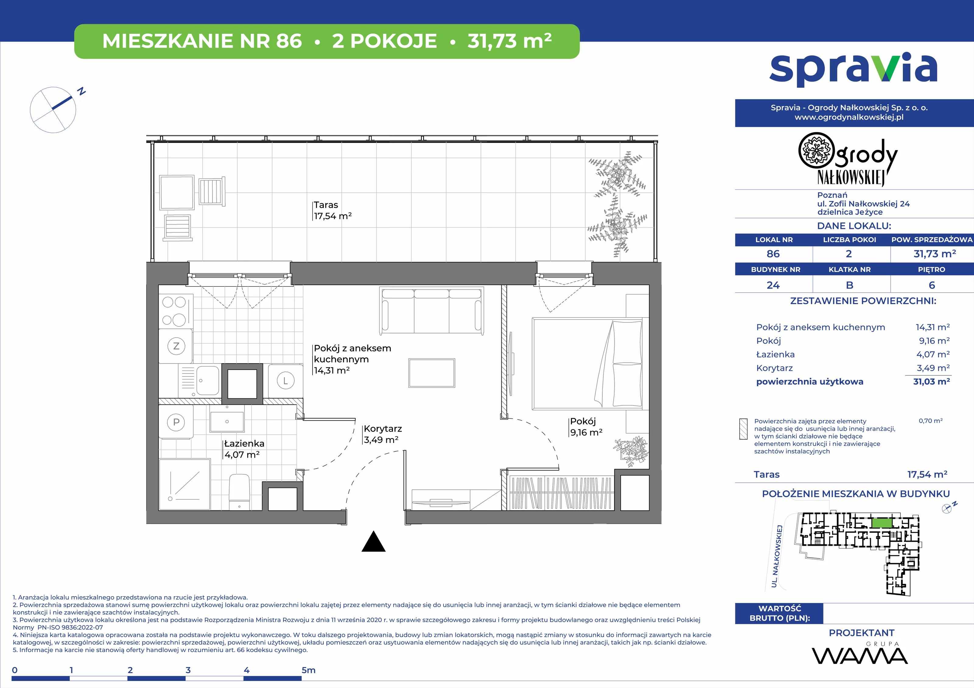 2 pokoje, mieszkanie 31,73 m², piętro 6, oferta nr 24-86, Ogrody Nałkowskiej, Poznań, Ogrody, ul. Nałkowskiej 24, 26